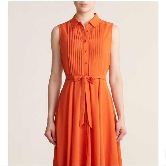 NANETTE LEPORE Fire Starter Orange Pintucked Sleeveless Shirtdress Size 6 - Picture 4 of 14